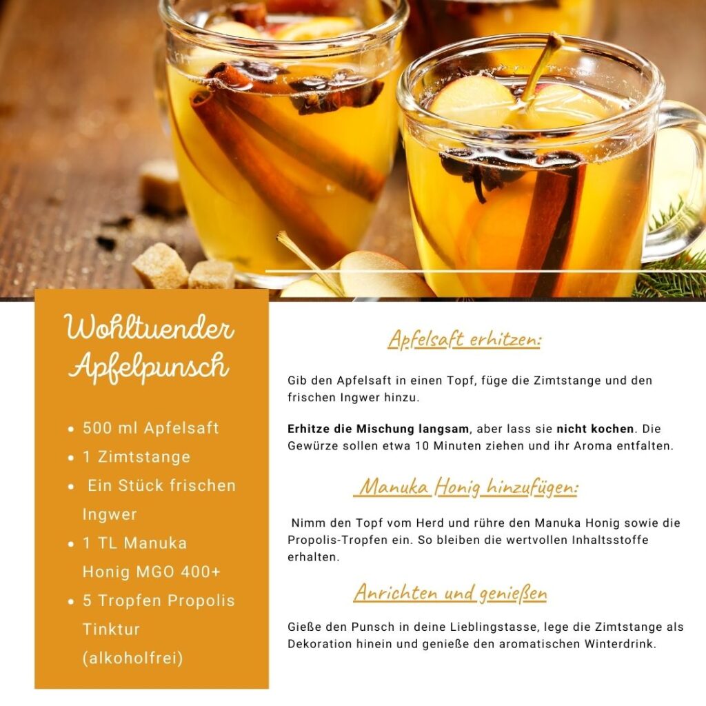 Apfelpunsch mit Manuka Honig und Propolis, Zimt, Apfelsaft, Alkoholfreier Punsch